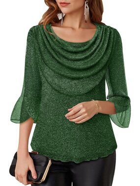 Women's Green Cowl Neck Blouse Dressy Casual Outfit 3/4 Sleeve Sparkly Top